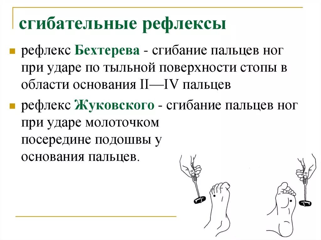 Положительные рефлексы. Рефлекс Жуковского Корнилова. Рефлекс Бехтерева-Менделя. Выявление патологического рефлекса Бехтерева. Сгибательный рефлекс Жуковского.