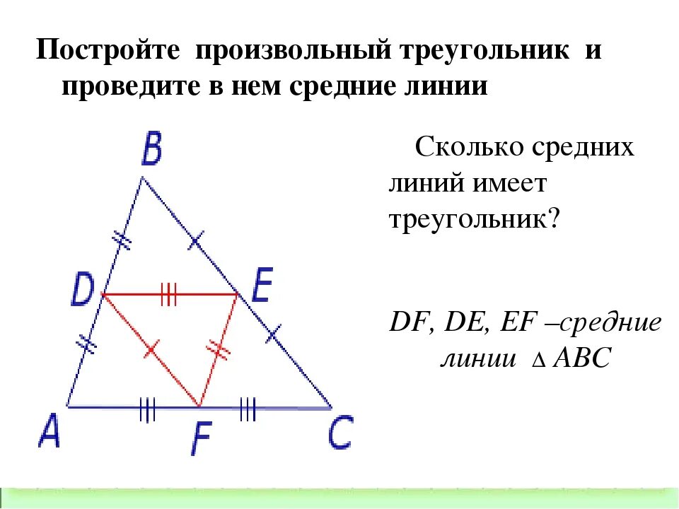 Средняя линия треугольника. Средняя линия произвольного треугольника. Построить произвольный треугольник. Начертите произвольный треугольник. Как найти среднюю линию прямого треугольника