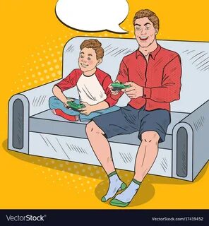Pop art dad and son playing video game vector image on VectorStock.