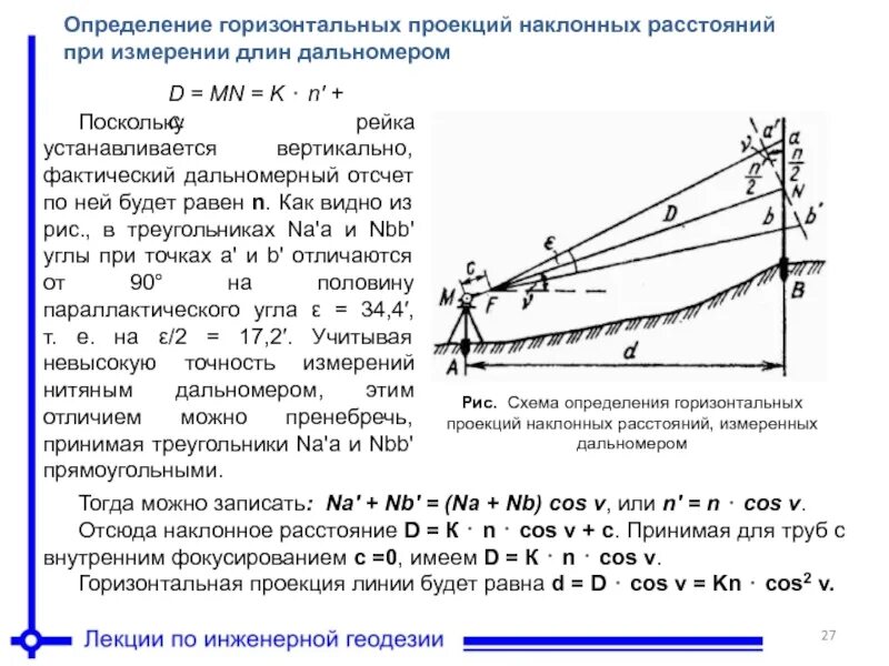 Измерить горизонтальные расстояния теодолита. Формула для определения расстояния дальномером. Измерение расстояний нитяным дальномером геодезия. Горизонтальное положение линии измеренной нитяным дальномером.