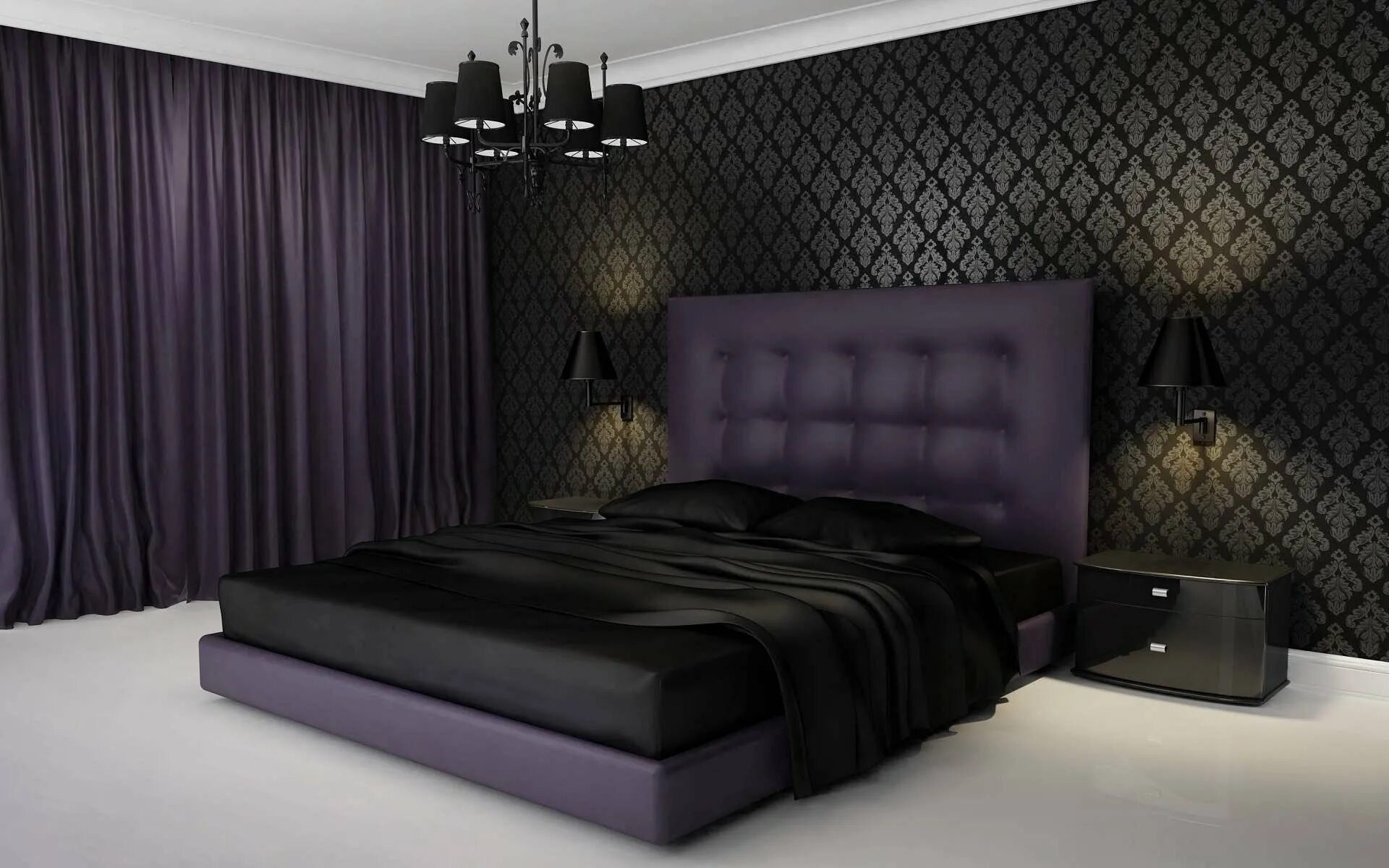 Фото темных тонов. Спальня в стиле тотал Блэк. Спальня в темных тонах. Черно фиолетовая спальня. Интерьер спальни в темных тонах.