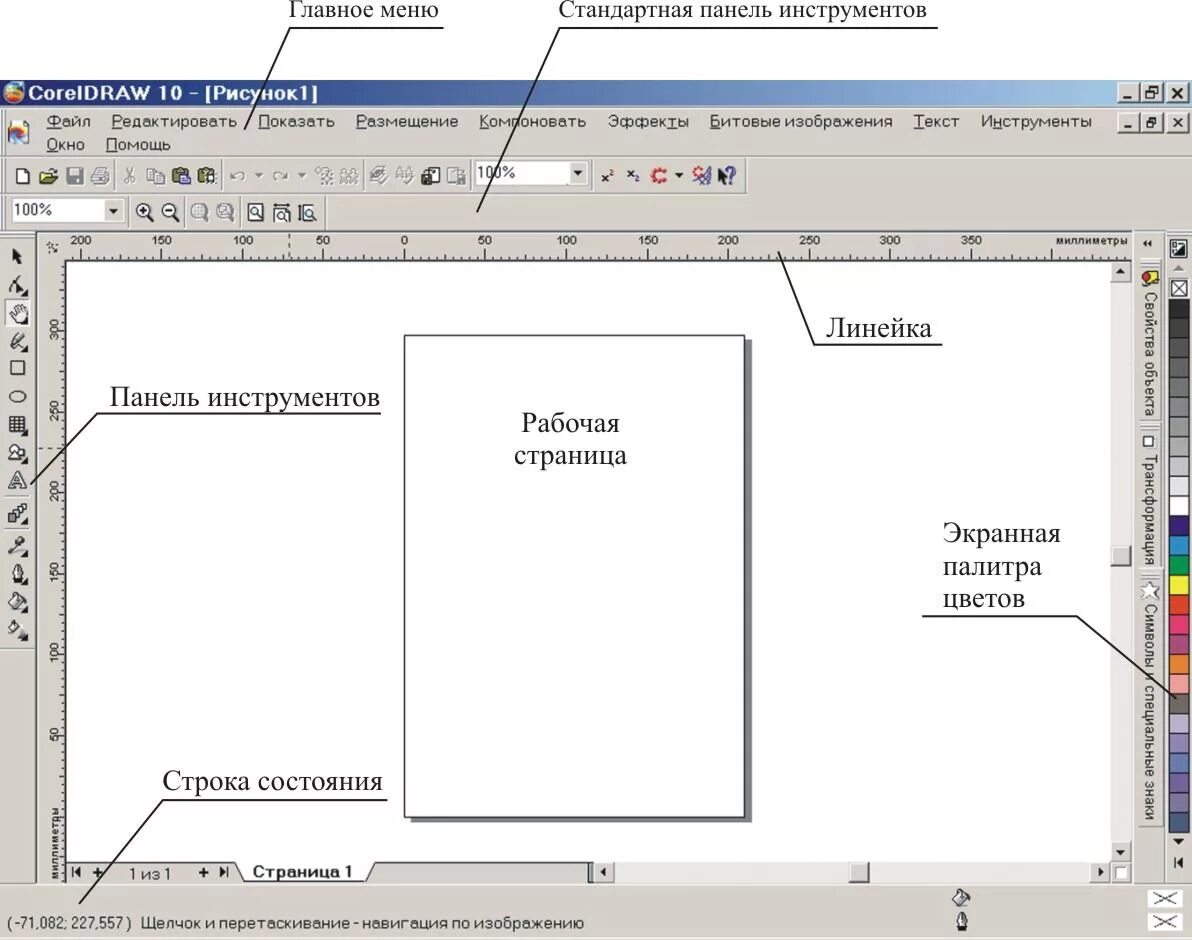 Как вернуть панель в кореле. Coreldraw окно программы. окно векторного графического редактора coreldraw:. coreldraw рабочее окно. стандартная панель инструментов.