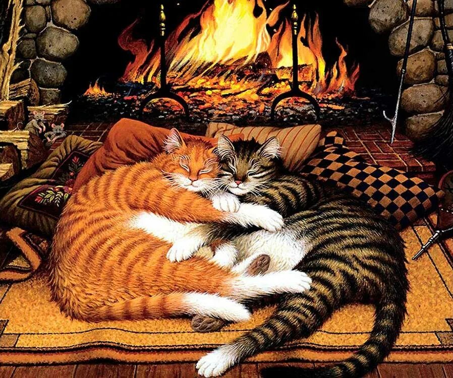Вечера с кошкой картинки. Картины Чарльза Высоцки коты. Картина коты у камина.