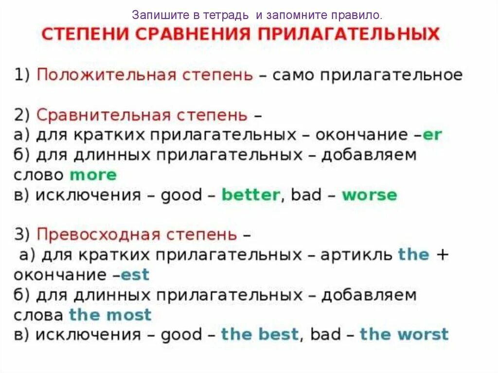 Правильная форма прилагательного в английском. Сравнительная степень в английском правило. Правило сравнительная степень прилагательных в английском. Степени сравнения прил в английском. Степени сравнения прилагательных в английском языке 4 класс правило.