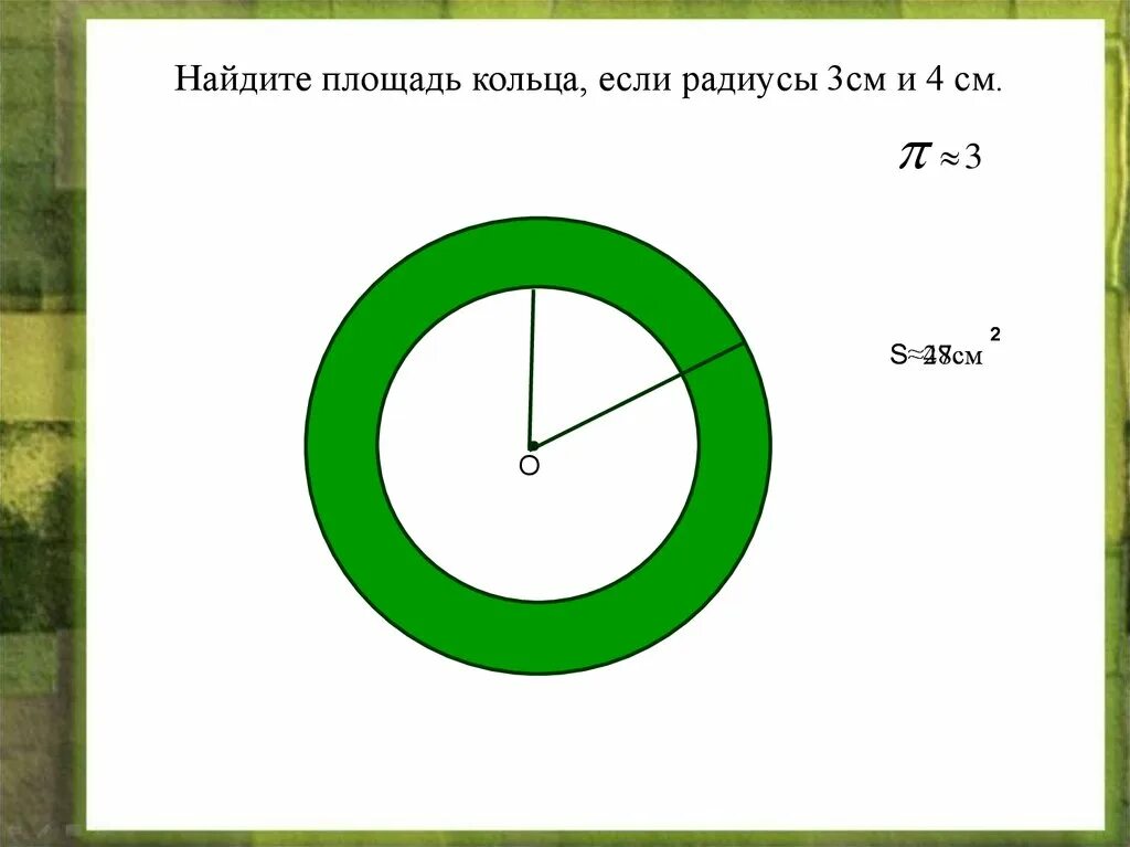 Найди площадь круга радиус которого 8 см. Площадь кольца. Внешний радиус кольца. Внешний и внутренний радиус кольца. Площадь кольца окружности.