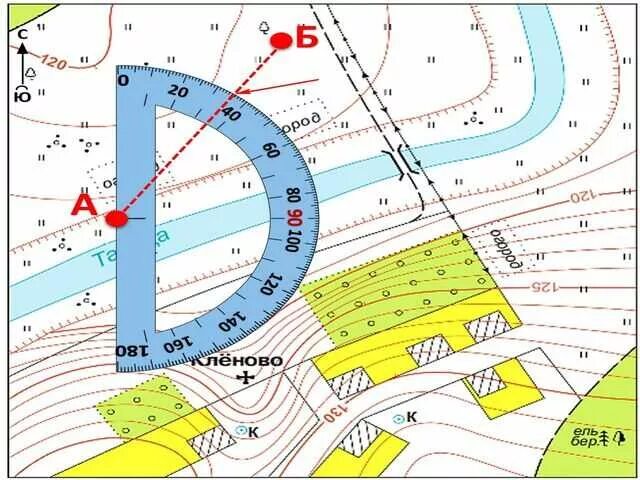 Азимут измерить транспортиром на карте. Магнитный Азимут на топографической карте. Ориентирование по плану местности Азимут. Азимут на карте.