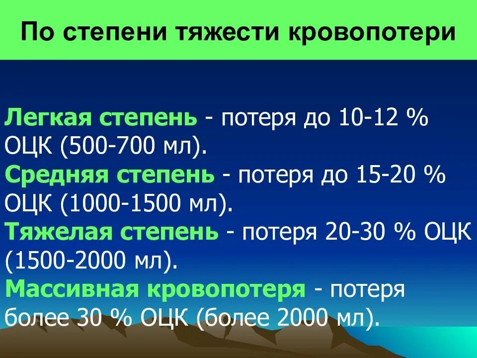 А также средней степени. Степени тяжести кровопотери. Легкая степень кровопотери. Степени потери ОЦК. Кровопотеря средней степени тяжести.