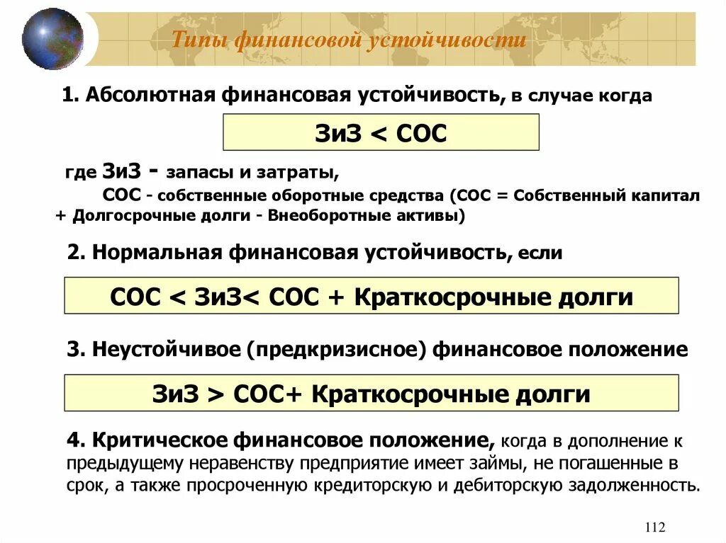 Абсолютная финансовая устойчивость. Абсолютная финансовая устойчивость предприятия характеризуется. Неустойчивое финансовое положение характеризуется неравенством:. Разновидности финансовой устойчивости:.