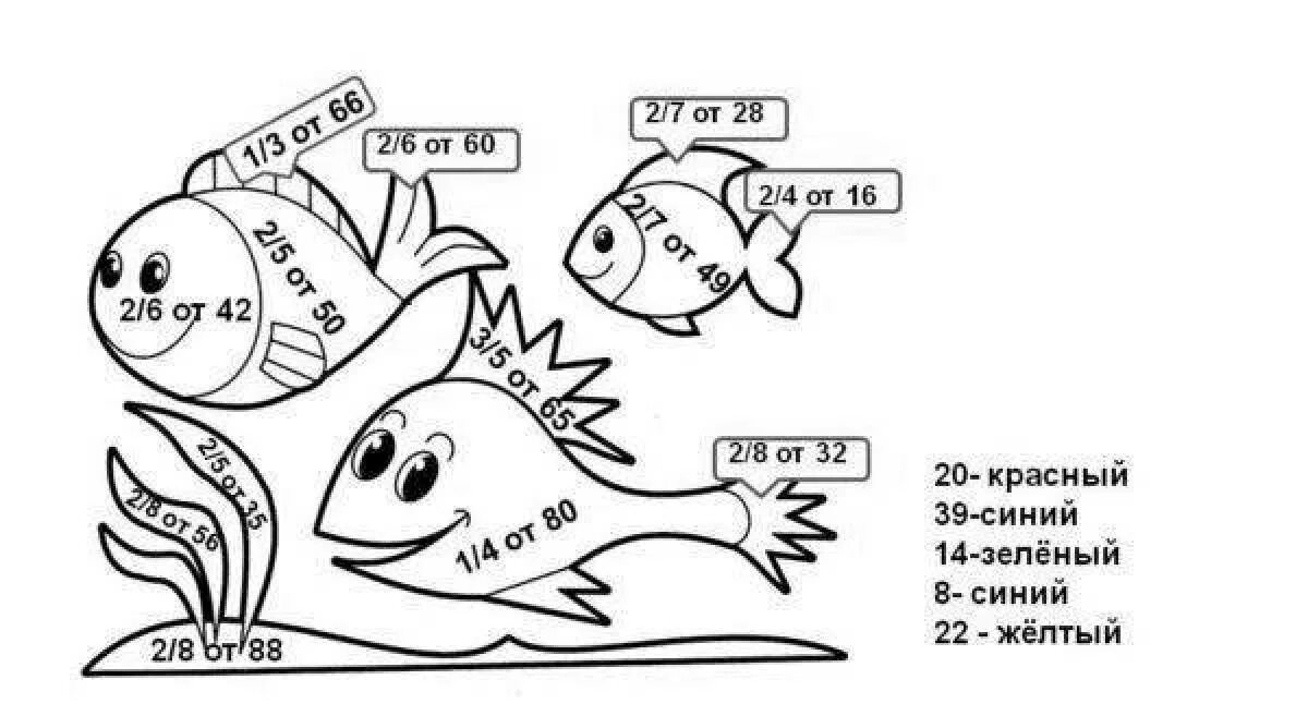 Математическая раскраска. Математическая раскраска рыбка. Раскраска по дробям. Математические раскраски дроби