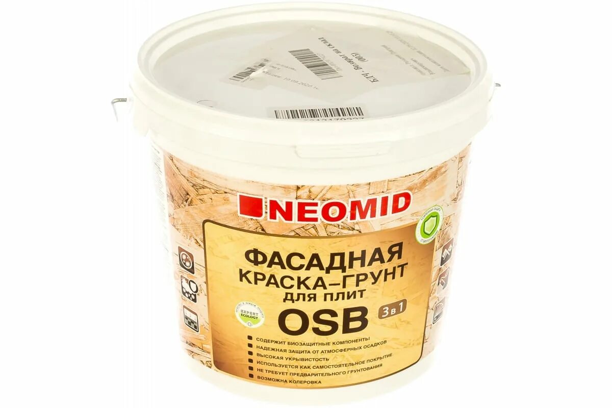 Фасадная краска грунт для плит osb neomid. Neomid грунт для osb плит. краска-грунт фасадная д/плит osb/neomid/ 14. грунт краска фасадная. краска фасадная для осб д-120 4,5 кг.