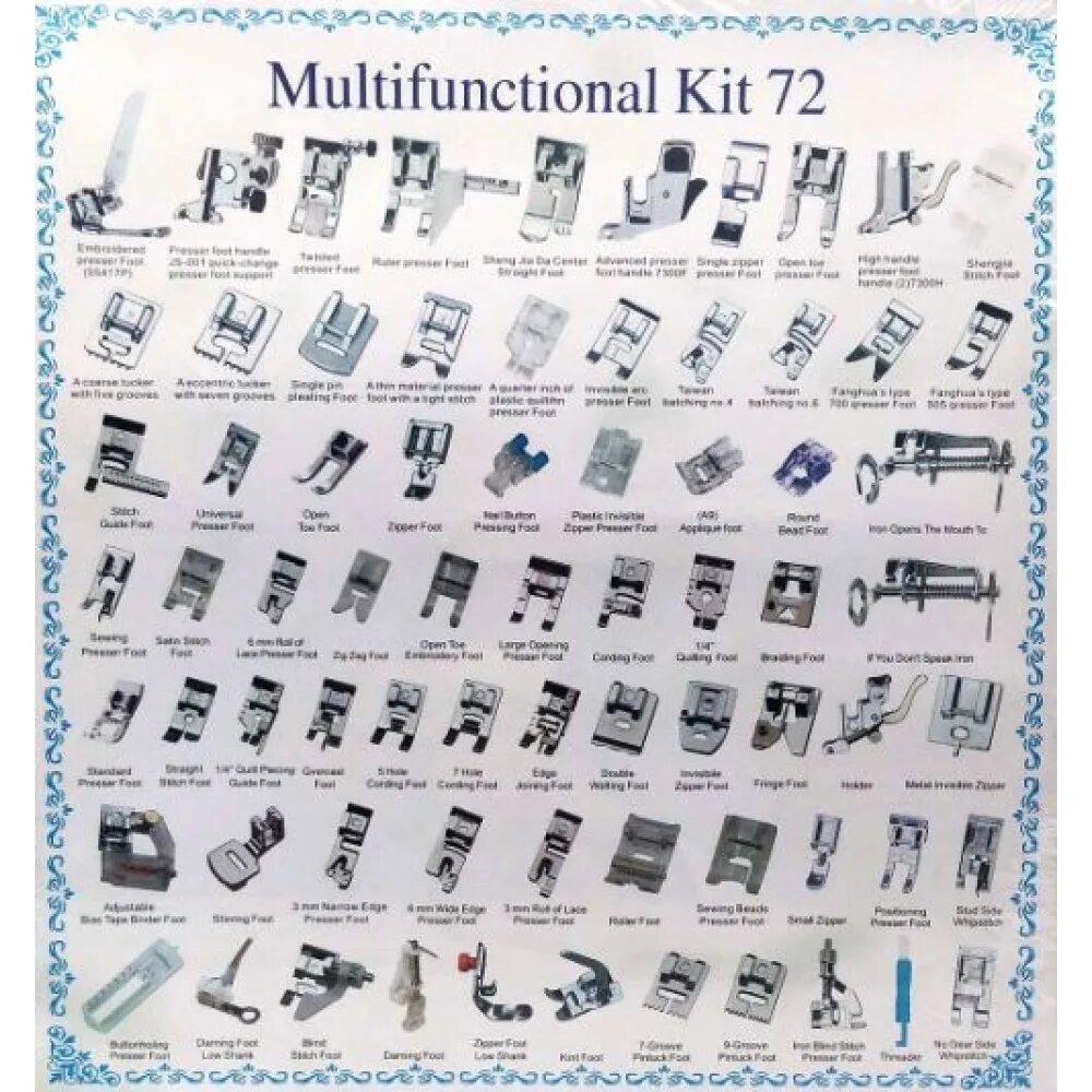 Описание швейных лапок. Лапки Multifunctional Kit 72. Набор лапок для швейной машинки. Типы лапок для швейных машин. Название лапок для швейных машин