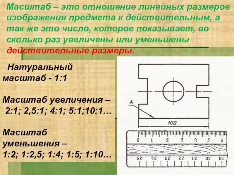 В масштабе русском языке. Масштабирование размеров на чертеже. Изображение масштаба на чертеже. Увеличенный масштаб на чертеже. Уменьшенный масштаб на чертеже.