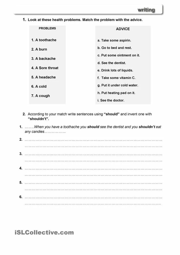 Match the advice. Health should Worksheet. Health problems should Worksheets. Write advice for the following Health problems. Health advice verbs ответы.