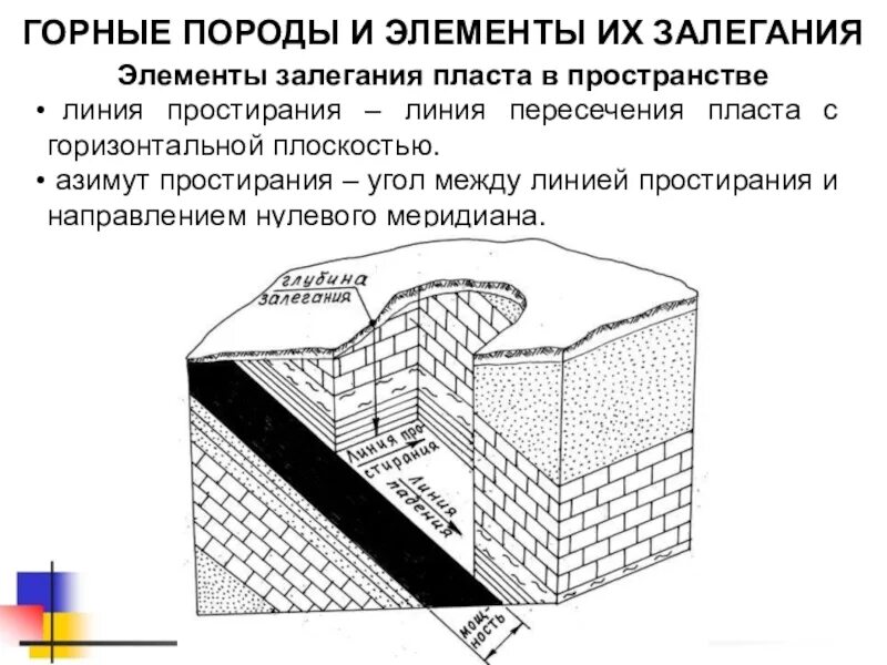 Элементы залегания пластов горных пород. Элементы залегания слоя Геология. Элементы залегания угольных пластов. Схема залегания пластов угля. Пласт полезных ископаемых