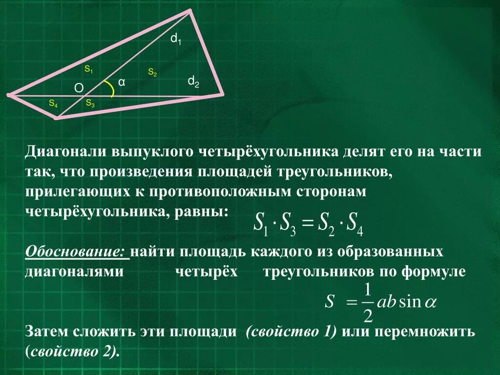 Произведение диагоналей пополам. Площадь выпуклого четырехугольника через диагонали. Площадь выпуклого четырехугольника формула. Как найти площадь выпуклого четырехугольника через диагонали. Площадь произвольного выпуклого четырехугольника.