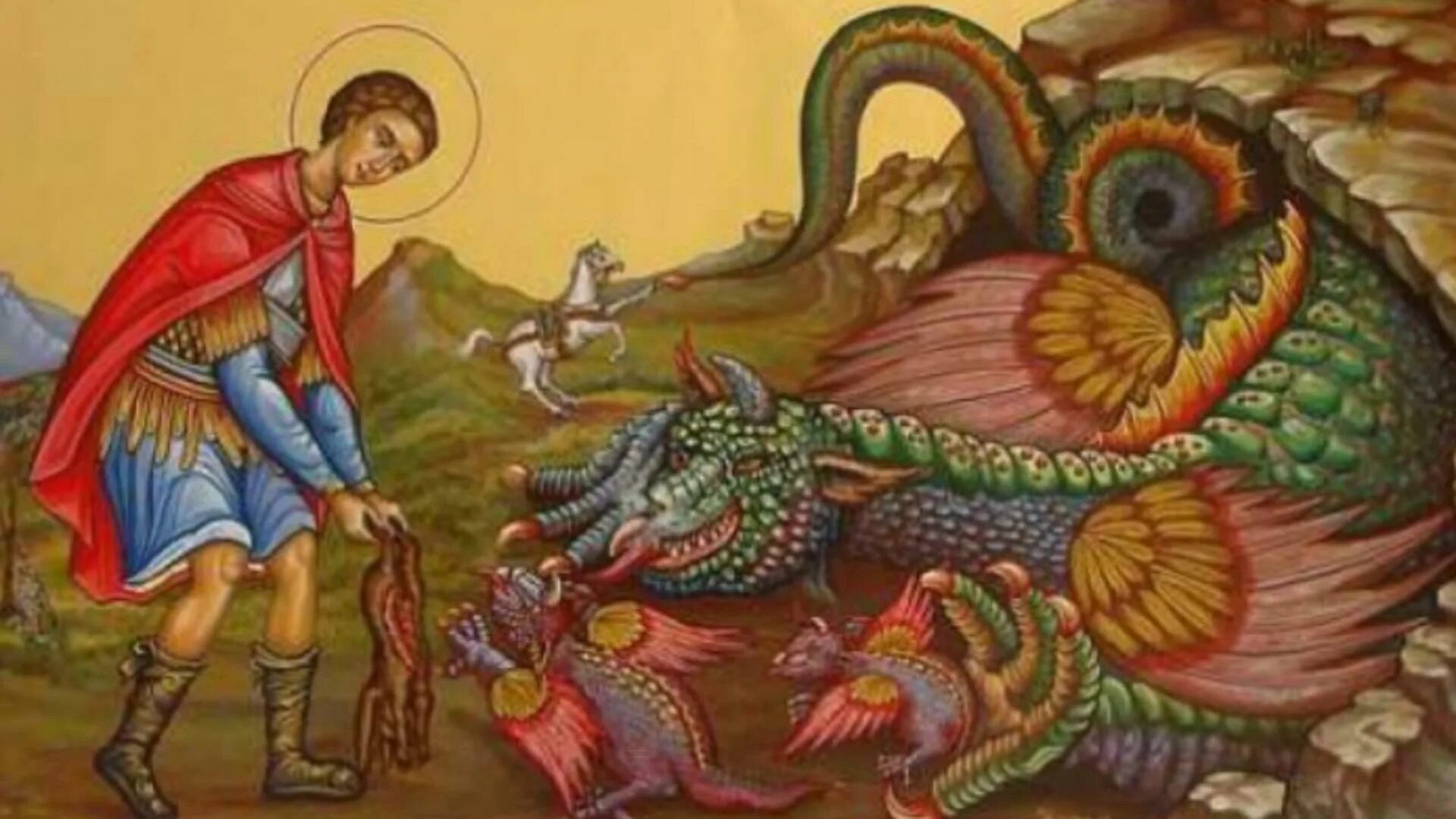 Победоносец поразил змея. Икона Святого Георгия Победоносец и дракон.