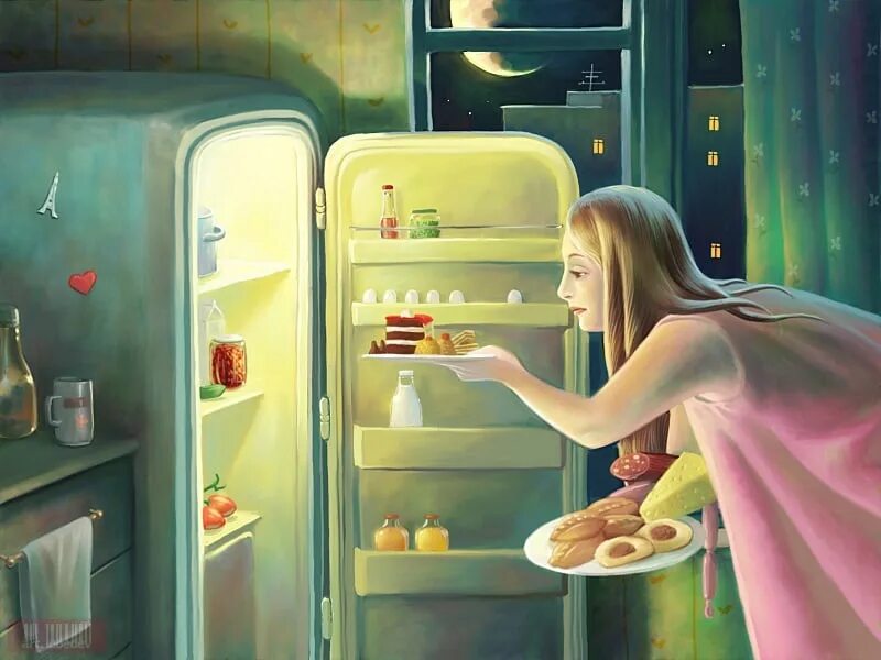Девушка у холодильника ночью. Человек в холодильнике. Холодильник с едой. Заглядывает в холодильник. Света голод