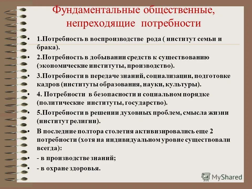 Фундаментальные потребности общества и социальные институты. Социальные институты потребности в воспроизводстве рода. Социальные институты потребности в передаче знаний. Потребности в передаче знаний социализации подрастающего поколения. Пять основных социальных институтов.