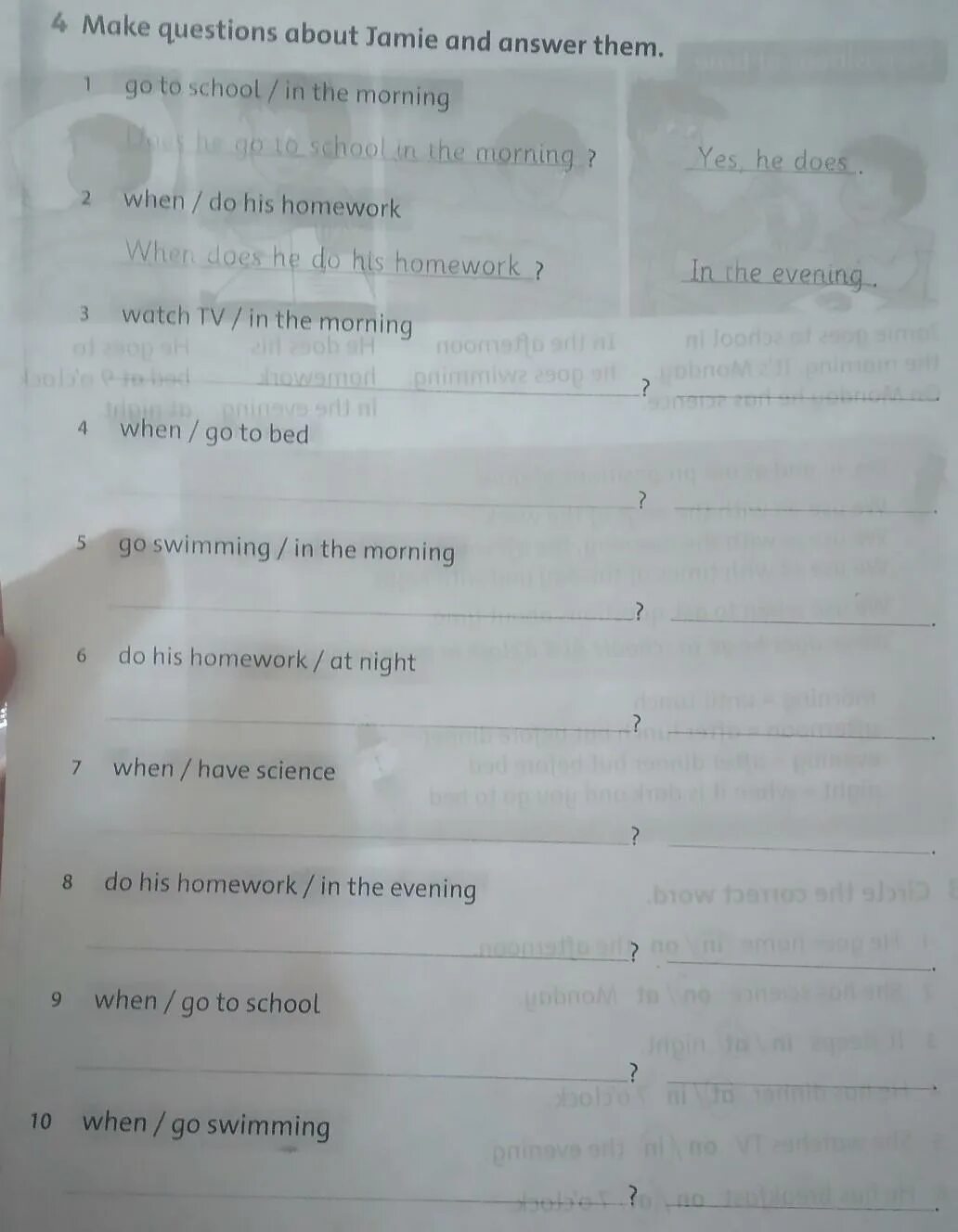 Make up questions to the answers. Make questions about Jamie and answer them. Make questions and answer them. 4 Make questions about Jamie and answer them. Miranda goes to School in the morning. Гдз.