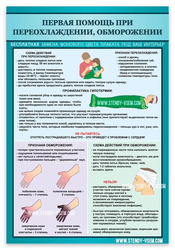 Ожоги отморожения оказание первой помощи. Плакаты по оказанию первой помощи. Обморожение первая медицинская помощь. Переохлаждение первая помощь. Первая помощь при обморожении и переохлаждении.