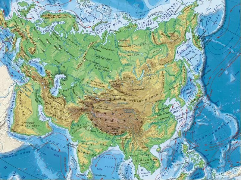 Какие объекты расположены на евразии. Карта рельефа Азии. Физическая карта Азии. Равнины горы нагорья Евразии. Физическая карта Евразии реки.