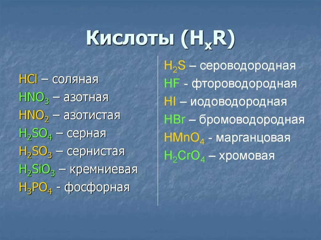 Напишите формулы кислот серная и азотная кислота