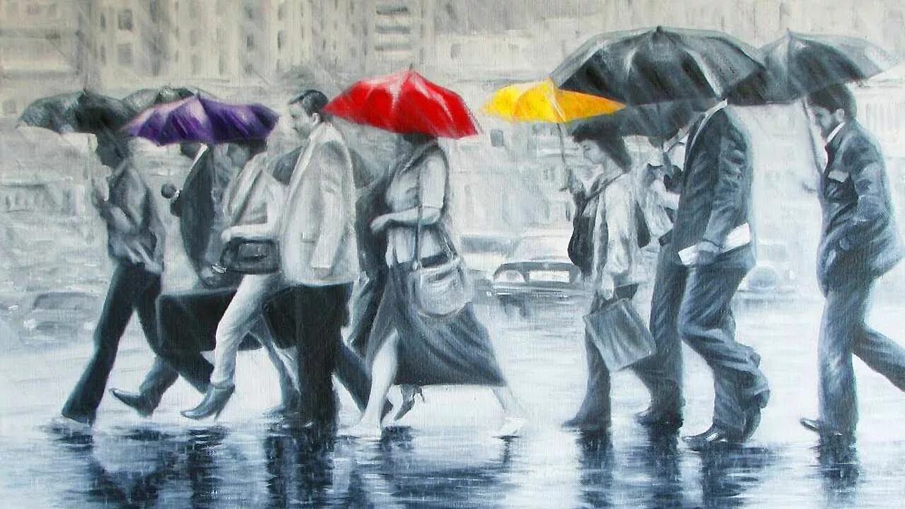 Веселый дождь города. Джанибеков Рауф Салим картины. Толпа людей под дождем. Толпа людей с зонтами. Люди в городе живопись.