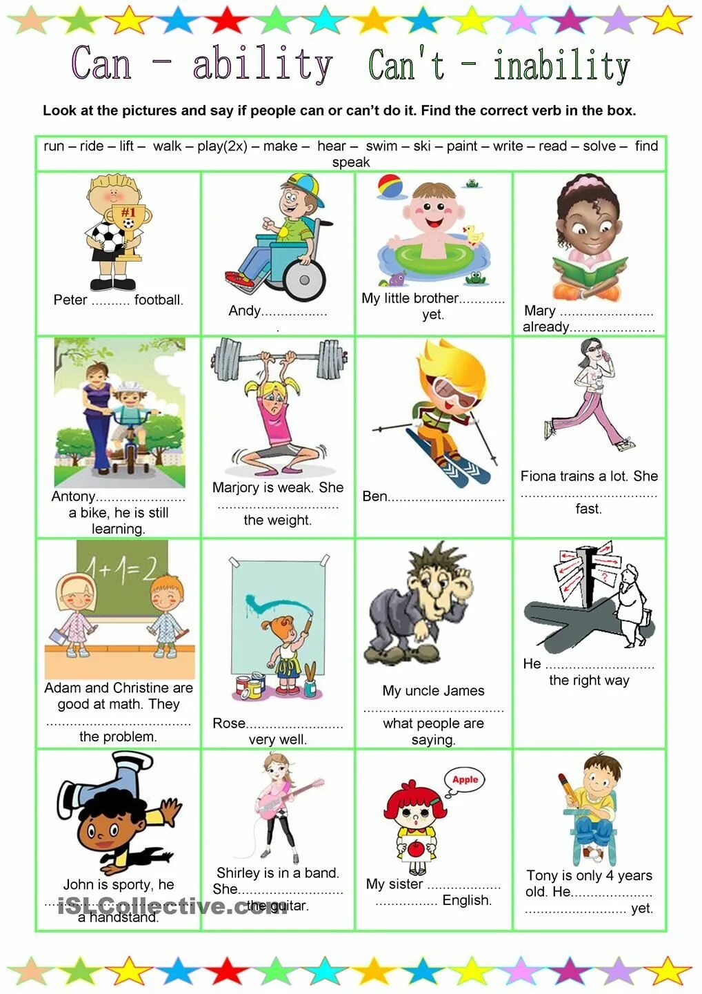 Do ability is. Ability английский. Abilities картинки. Упражнения can ability. Can can't Worksheets.