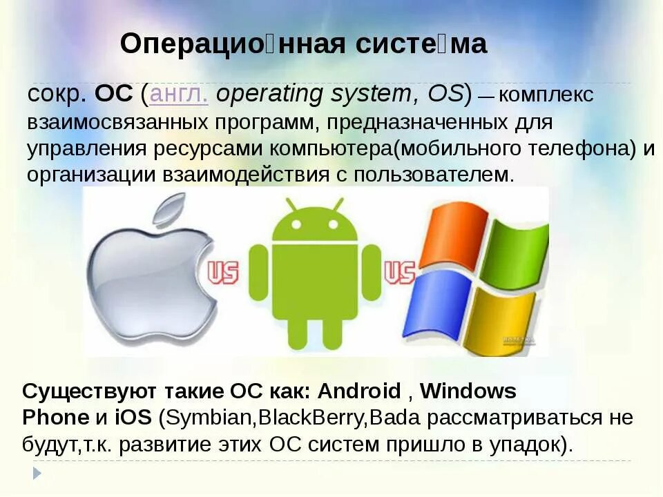 Операционная система. Операционная система телефона. ОС для мобильных устройств. Операционная система, сокр. ОС.