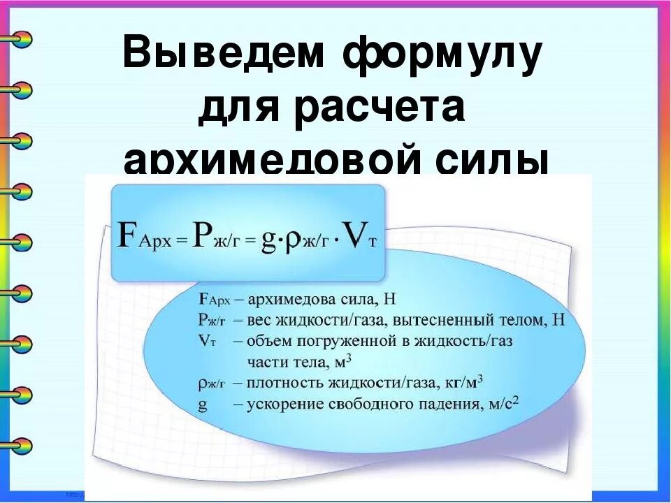 Какие формулы позволяют рассчитать. Формула для расчета силы Архимеда. Формула архимедовой силы 7 класс формула. Архимедова сила рассчитывается по формуле. Формула архимедовой силы 7 класс физика.