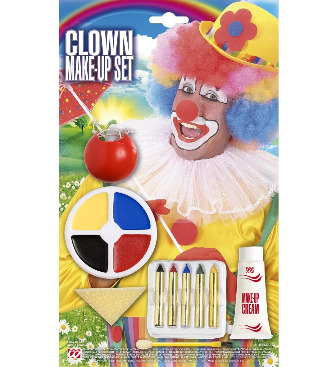 Набор клоуна. Косметика клоуна. Набор грима для клоуна. Макияж клоуна карандашами. Макияж с носом клоуна.