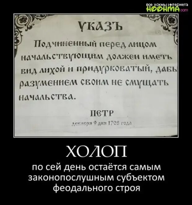 Простой холоп. Холоп перед лицом начальствующим. Вид перед начальством нужно иметь. Перед начальством вид лихой. Указ Петра 1 вид лихой и придурковатый.