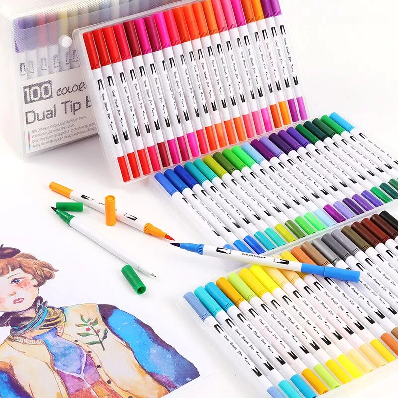 Скетч маркеры двухсторонний. Маркеры dual tip brush marker. акварельные маркеры fineliner. фломастеры dual tip brush pens 100 colors. фломастеры watercolor brush pen.