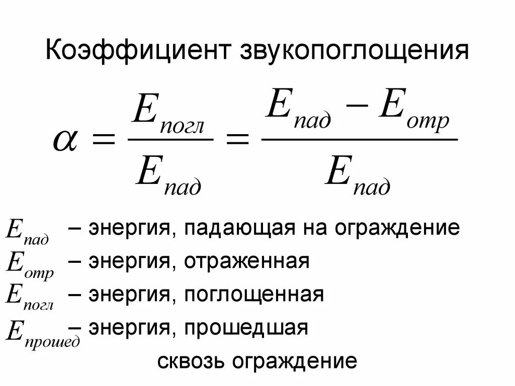 Какой из материалов обладает большим коэффициентом поглощения. Коэффициент звукопоглощения материала формула. коэффициент звукопоглощения 0,4. коэффициент поглощения звука формула. формула коэффициент звукопоглощения α.