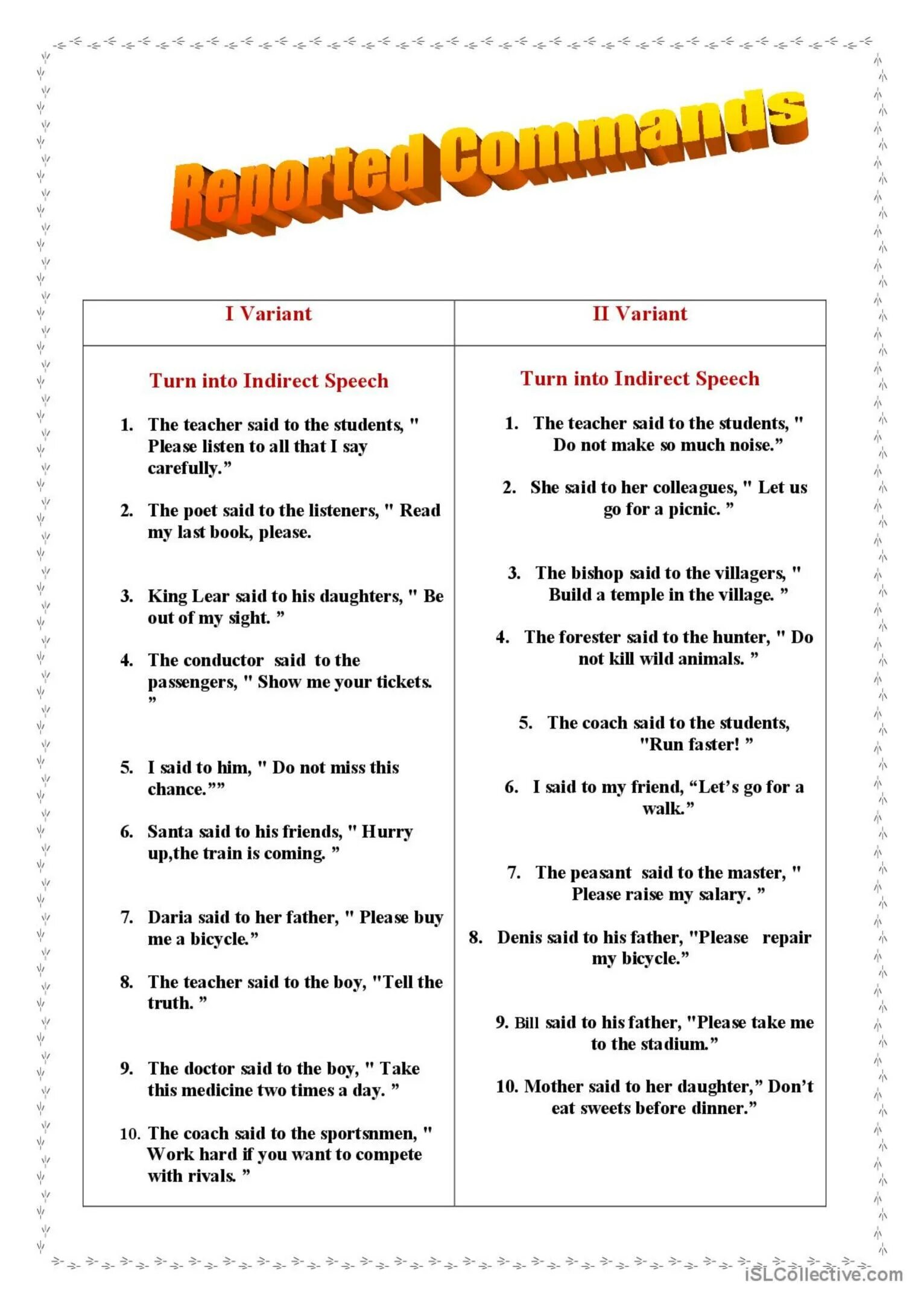 Reported speech orders. Reported Speech Commands. Косвенная речь Worksheets. Indirect Speech Worksheets. Reported Speech в английском языке Worksheets.