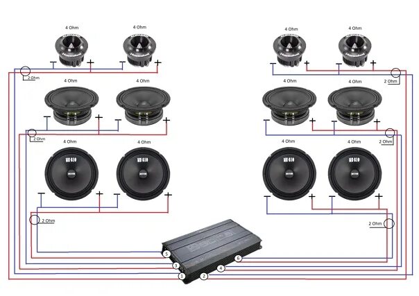 Динамики 2 почему. Схема подключения динамиков к усилителю 4 канальному два динамика. Схема подключения двух динамиков к 4 канальному усилителю. Схема подключения 3х динамиков в 2 Ома. Усилитель 2 Ома динамики 4 Ома.