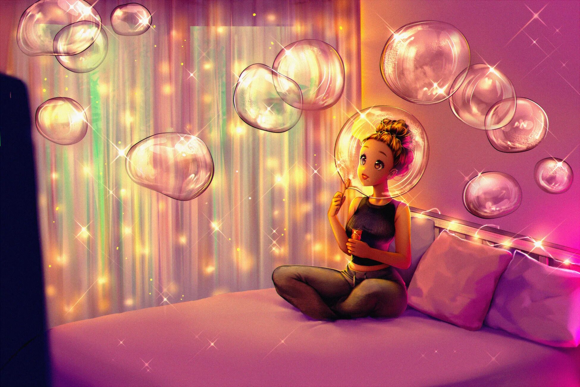 На шаре во сне. Мыльные пузыри. Девушка с мыльными пузырями. Красивые мыльные пузыри. Надувает мыльные пузыри.