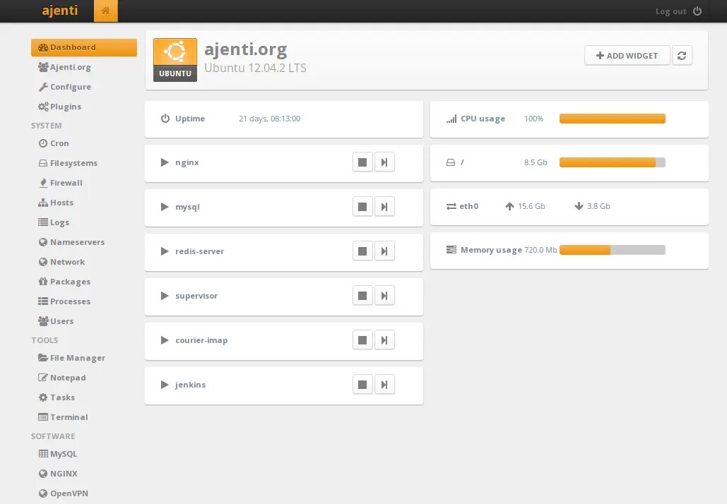 Ajenti панель. Ajenti терминал. Ajenti Control Panel. Панель управления серверами Linux. Host log