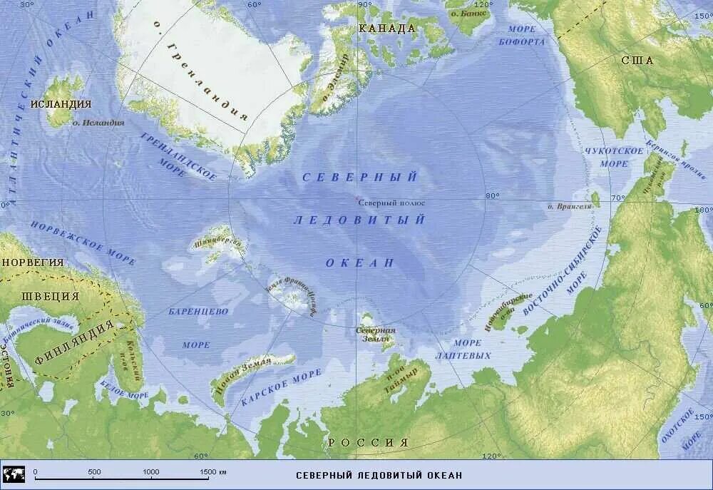 На севере какие моря находится. Северный Ледовитый океан географическая карта. Северный Ледовитый океан на карте. Баренцево море на карте Северного Ледовитого океана. Северный Ледовитый океан физическая карта границы.