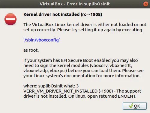 Virtualbox kernel driver not installed. Virtualbox 1908. kernel driver. kernel driver not installed rc 1908 virtualbox. virtualbox error.