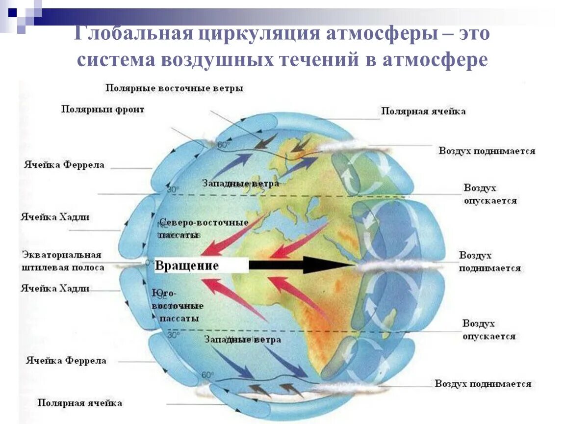 Схема глобальной циркуляции атмосферы. Схема общей циркуляции атмосферы. Зональные типы циркуляции атмосферы.