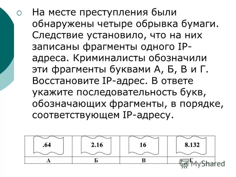 на обрывках бумаги были обнаружены записанные фрагменты. последовательность букв ip адреса. на месте преступления были обнаружены четыре обрывка. 243. на месте преступления были обнаружены четыре обрывка.