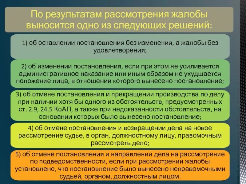 По итогам рассмотрения жалобы. По результатам рассмотрения жалобы выносится:. Решения, выносимые по результатам рассмотрения жалобы. Виды решений по результатам рассмотрения жалоб. Изменения в рассмотрении заявления