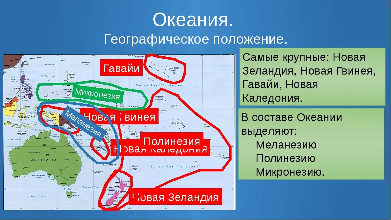 Острова австралии 7 класс. Географическое положение Океании. Государства регионов Океании. Карта Океании со странами. Состав территории Океании.