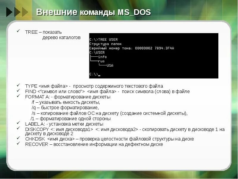 Дос расшифровка. Внешние команды операционной системы MS dos. Внешние команды MS dos. MS dos дерево каталогов. Команда для создания файла в MS dos.