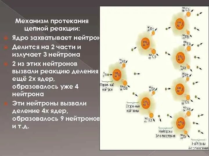 Цепные реакции 9 класс. Механизм протекания цепной реакции. Механизм протекания цепной реакции деления ядра. Механизм цепной ядерной реакции. Механизмы протекания ядерных реакций.