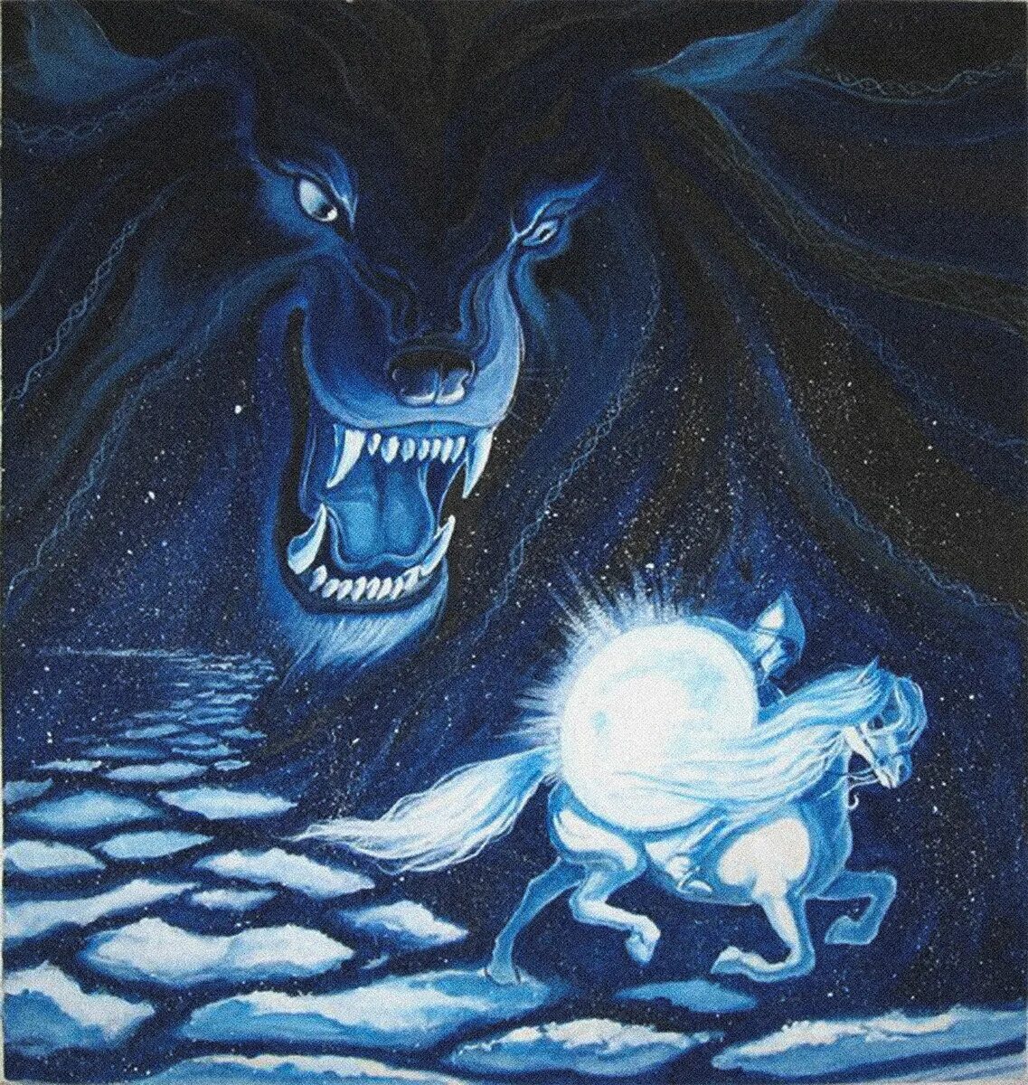 Волк пытающийся съесть луну в мифах. Сколль Скандинавская мифология. Фенрир Бог. Фенрир мифология Скандинавии. Фенрир Сколль и хати.