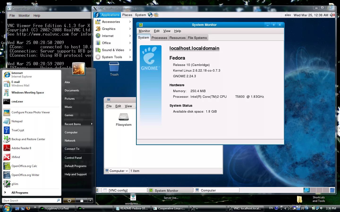 System view view. Gnome-system-monitor. fedora 10. colinux.