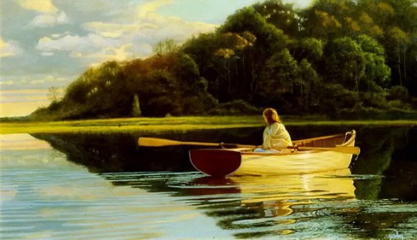 Лодка плывет под берегом влево широко размахнулась. Peter taylor quidley. американский художник peter taylor quidley.. лодки живопись. картина лодка.