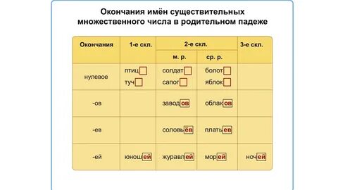 Правописание безударных падежных окончаний во множественном числе